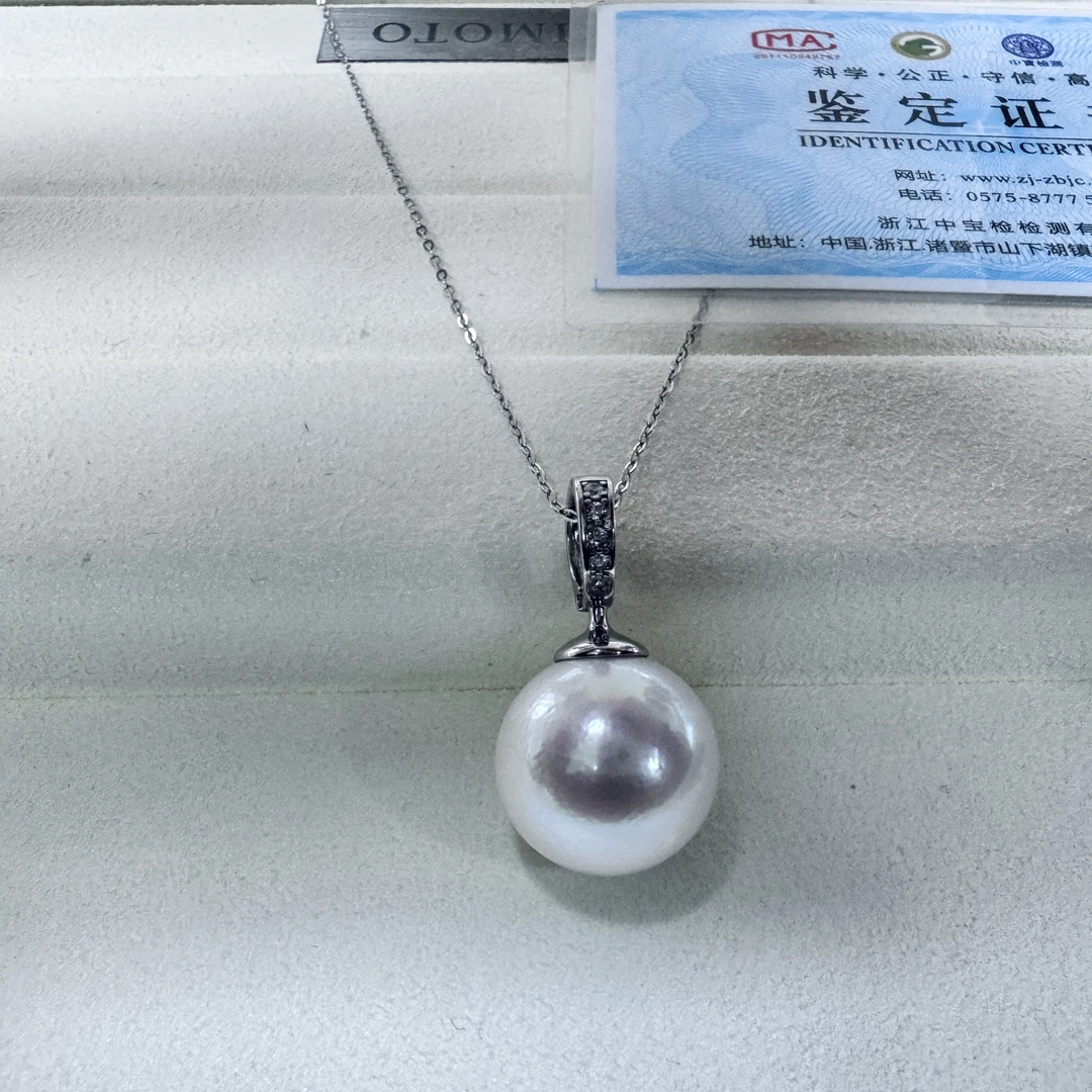 14-15mm淡水珍珠吊坠正圆冷白S925银镶嵌