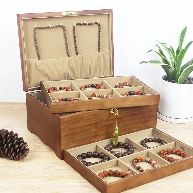 首饰盒/箱 实木文玩手串收纳盒大容量带锁核桃金刚盒子佛珠首饰盒
