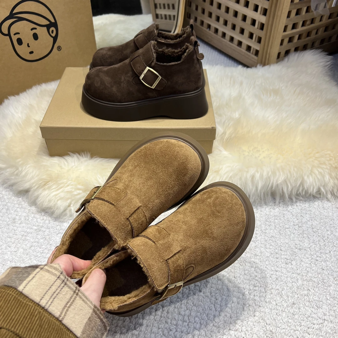 新款冬季百搭松糕厚底增高5厘米一脚蹬加绒勃肯女鞋