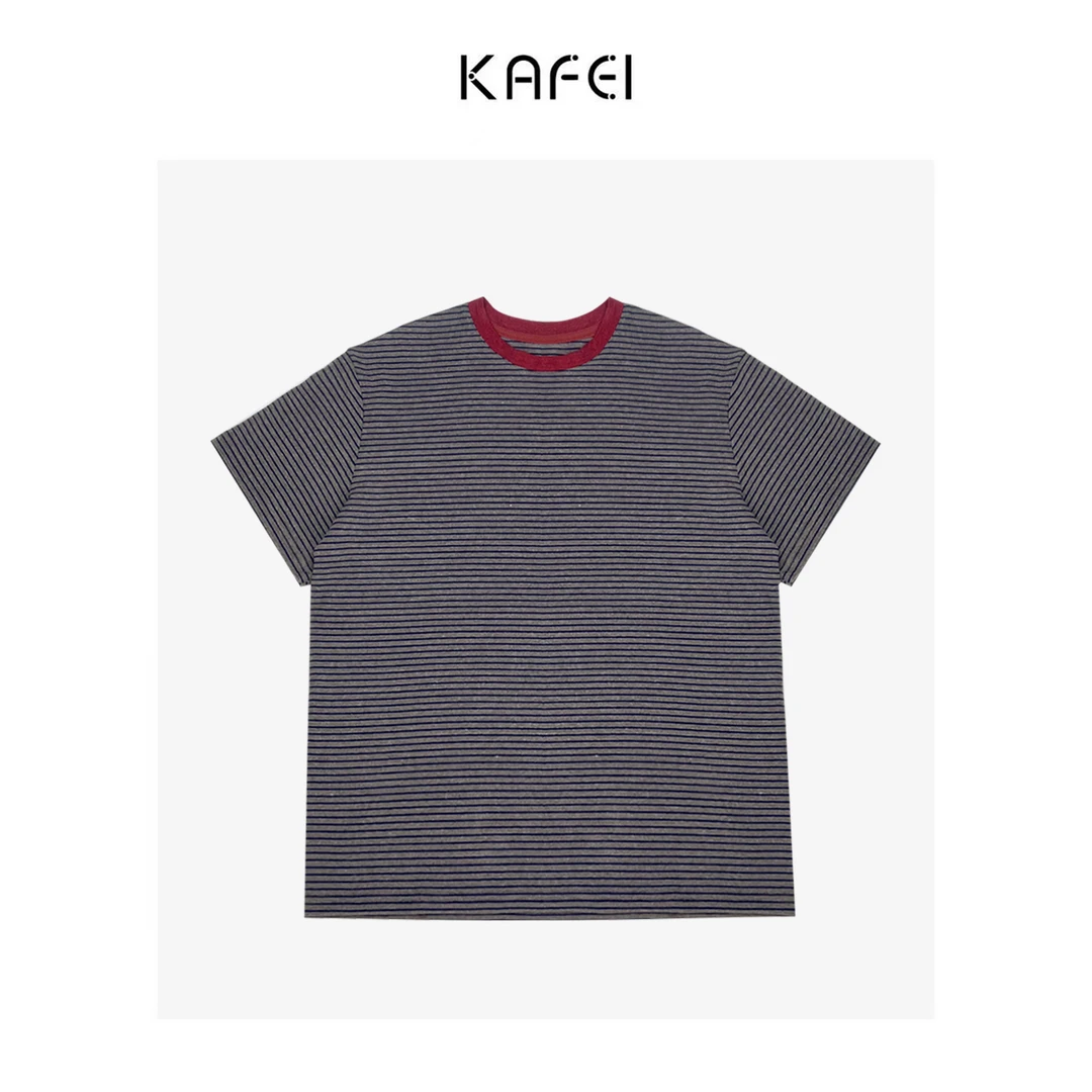 咖妃~【撞色玩家】百搭休闲细条纹棉质套头圆领短袖弹力宽松T恤内搭