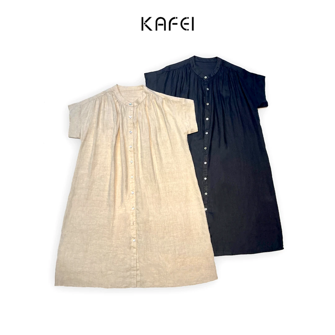 咖妃~ 【麦片】森女系肌理感文艺气质显瘦舒适亚麻短袖宽松连衣裙