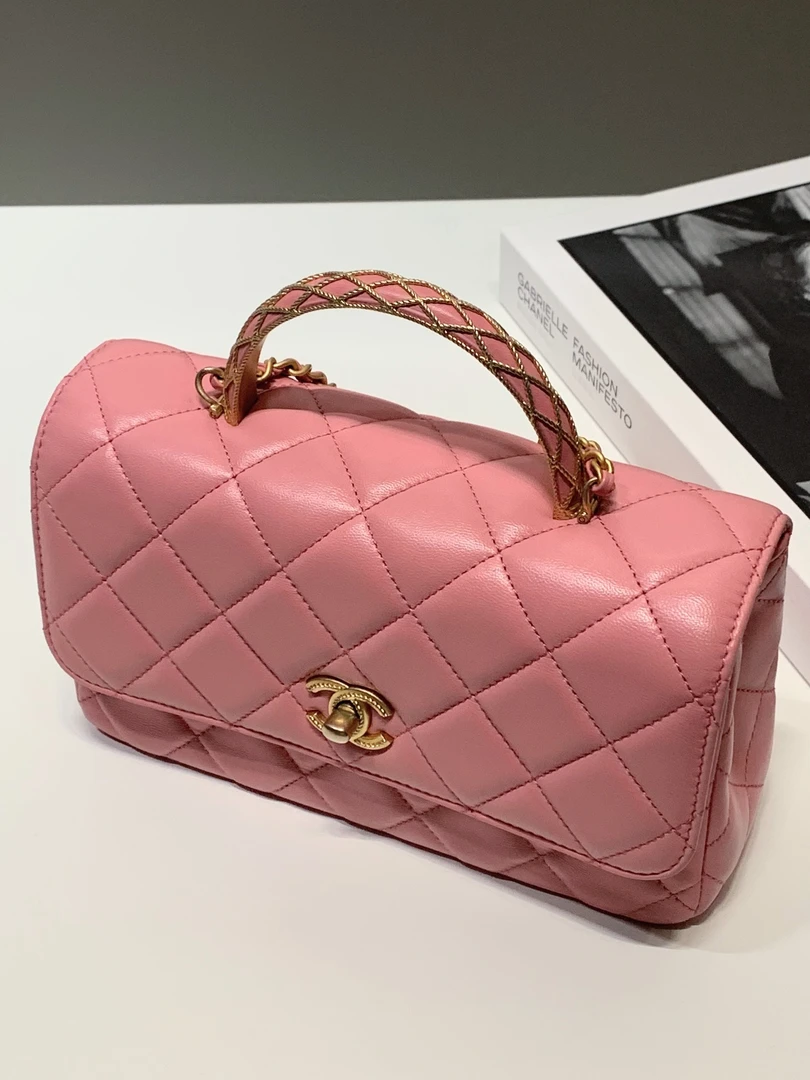 99新 Chanel/香奈儿 HIHI/23A 粉色金扣手柄单肩口盖包/9219194