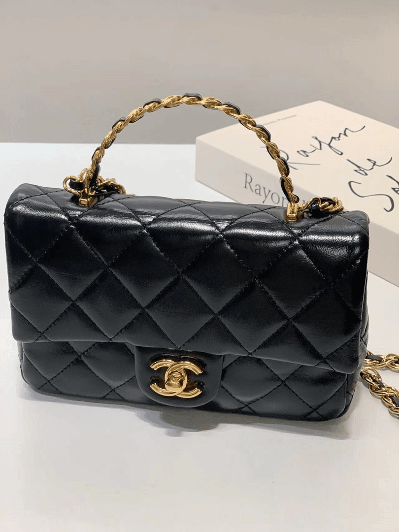 99新 Chanel/香奈儿 23S 黑金油蜡皮手柄cf大mini斜挎包/8995000