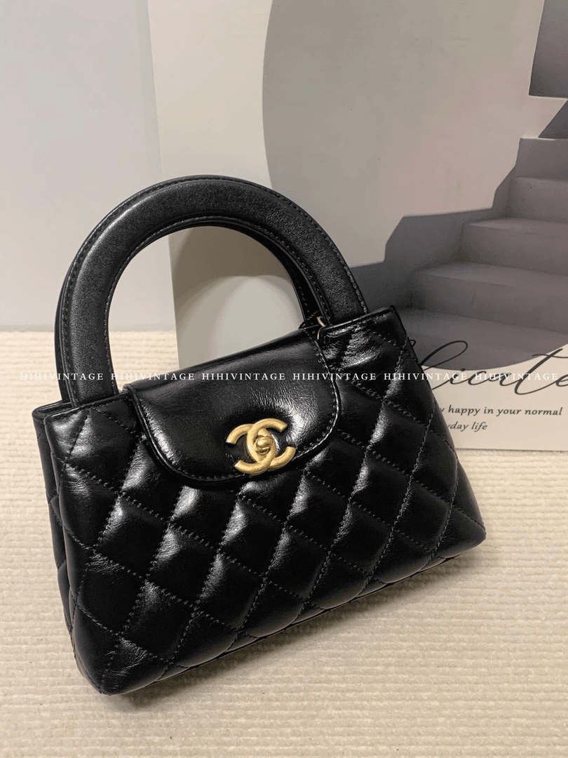 全新未使用  HIHI/Chanel 黑金油蜡皮单肩手提Kelly大号/8928872