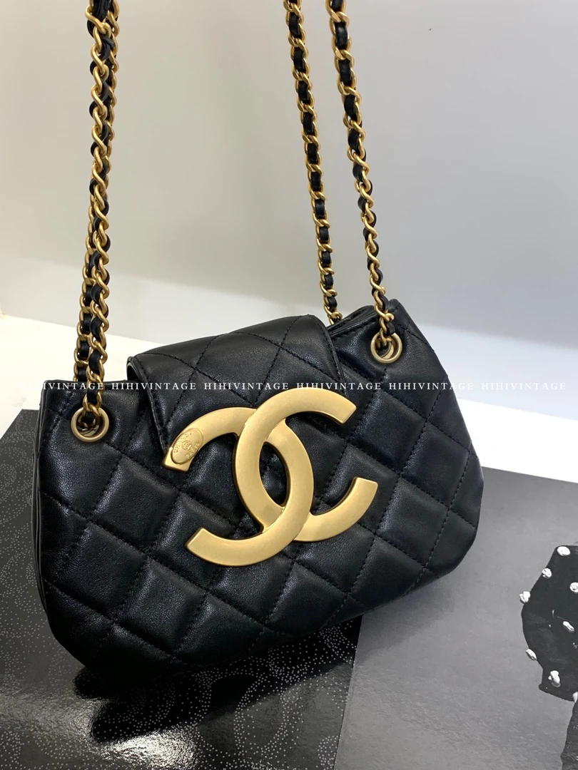 全新未使用 Chanel/香奈儿 HIHI/黑金菱格纹大logo链条包/6008053