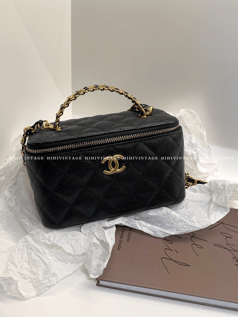 99新  HIHI/Chanel 黑金荔枝纹字母手柄盒子包 31开/8879313