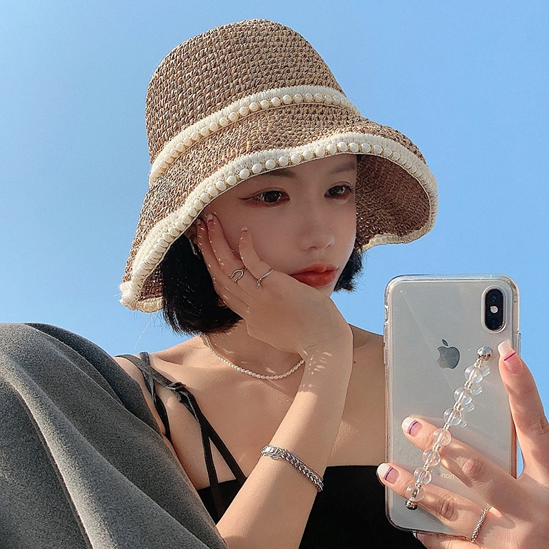 春夏帽子女编织草帽盆帽遮阳紫外线渔夫帽夏天百搭海边大檐太阳帽