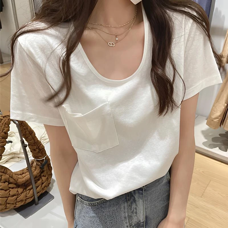 白色正肩短袖T恤女夏季设计感口袋打底小衫宽松休闲百搭薄款上衣