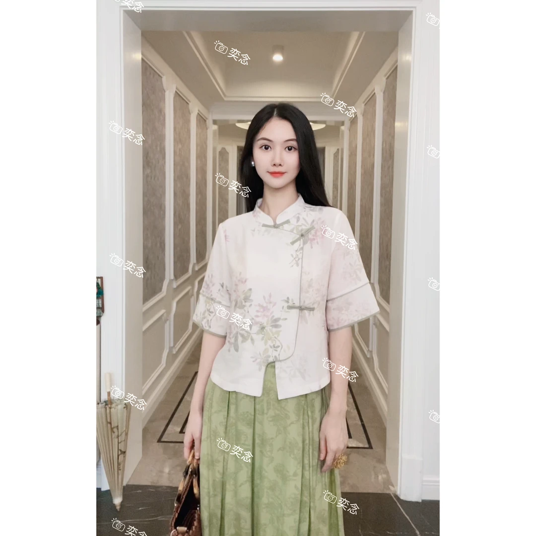 「奕念」《念安》国风美学高级感丝麻旗袍领上衣中袖版