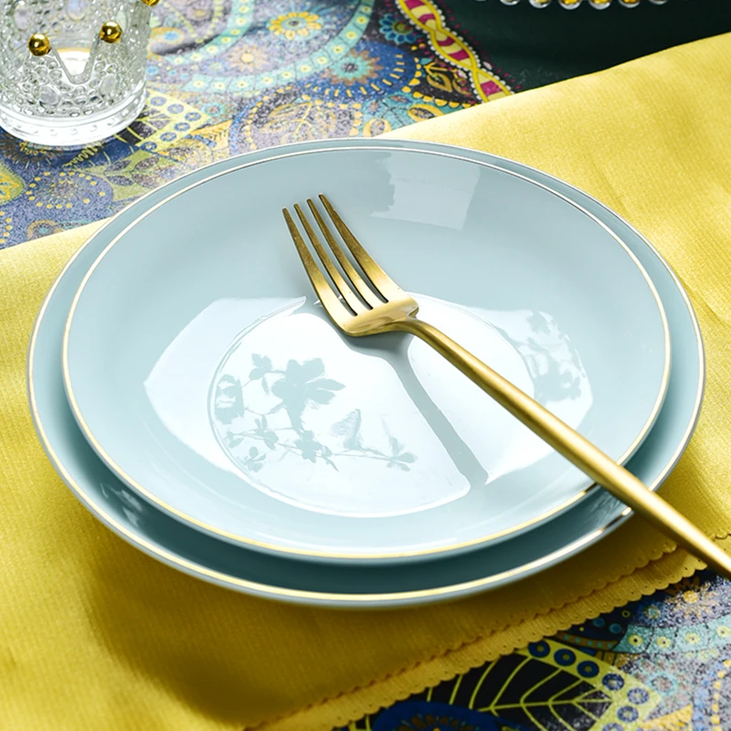 【青瓷8盘4个】玉珑盘子圆盘菜盘家用2024新款中式陶瓷碗轻奢盘餐具