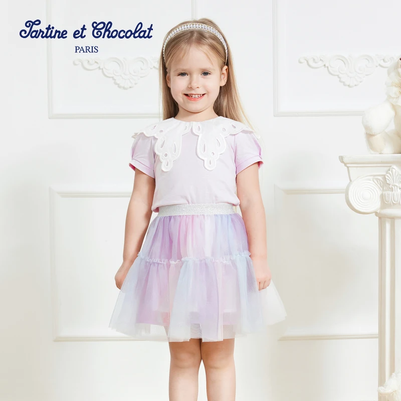 TC法国巧克力夏季女童蝴蝶T恤蓬蓬裙套装