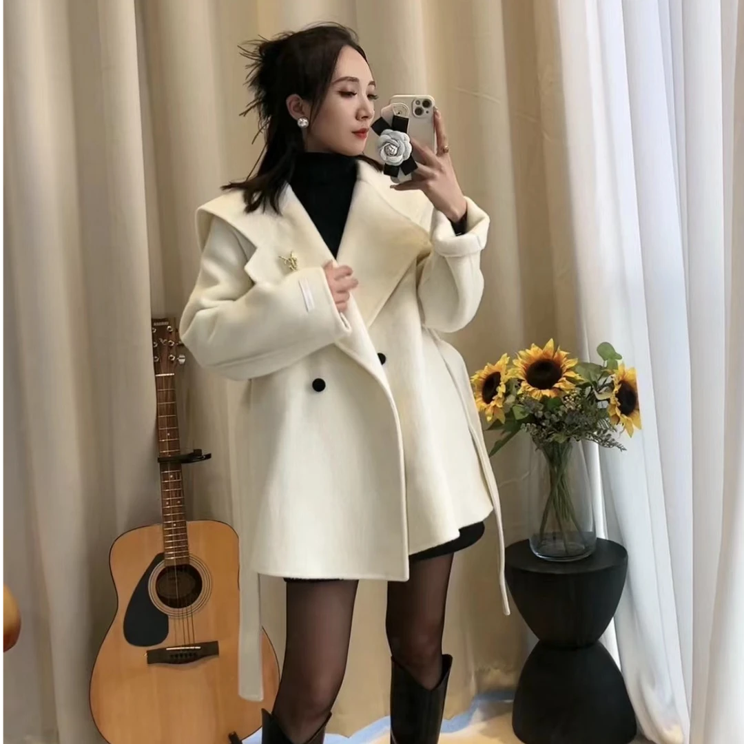 韩系斗篷海军领双面羊毛大衣中长款甜美秋冬时尚气质洋气毛呢外套