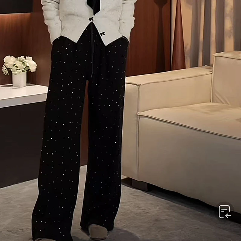 2024新款秋冬季重工烫钻加绒休闲裤女宽松高腰显瘦时尚拖地直筒裤