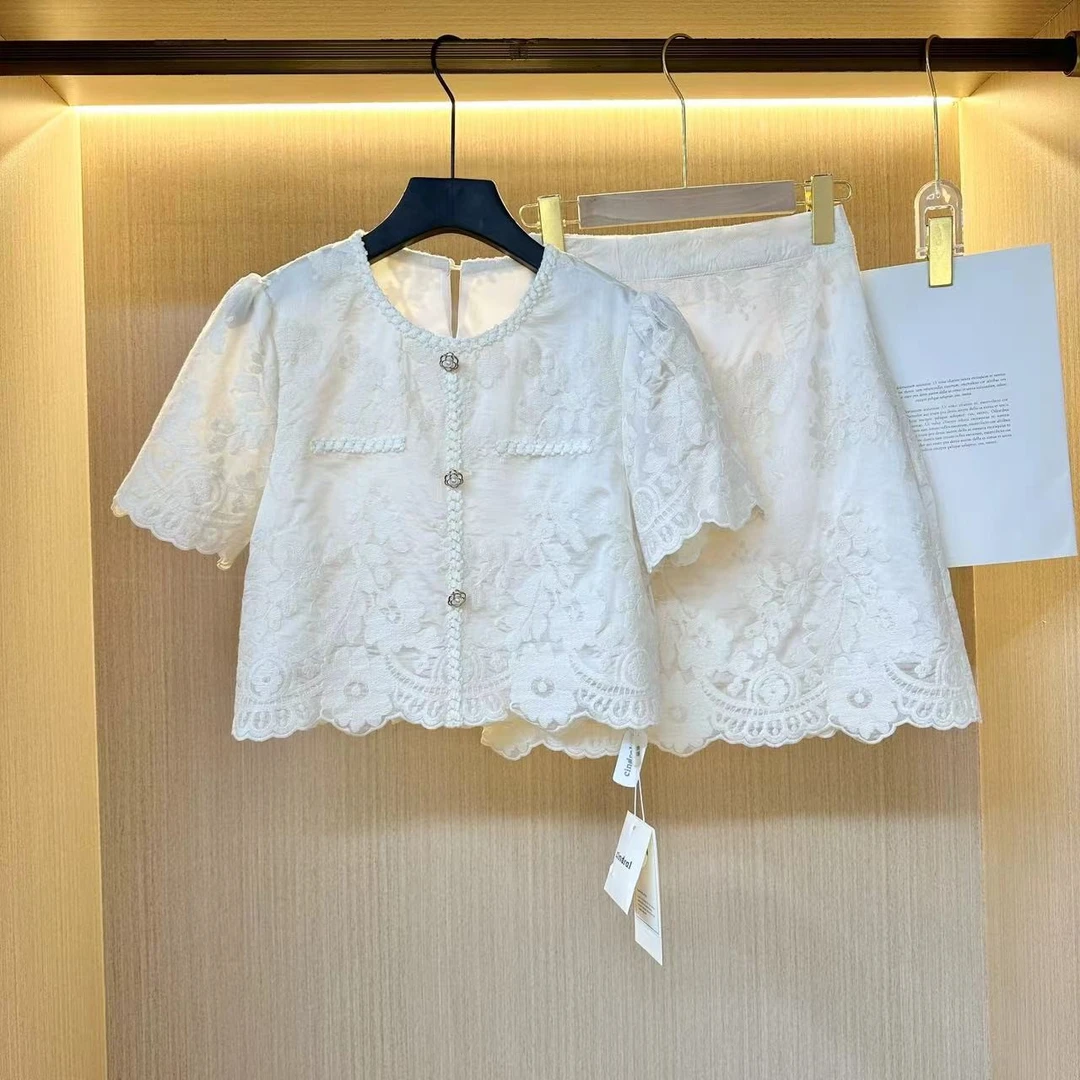 2025年夏装新款时尚法式绣花轻奢小香风两件套装女上衣裙子两件套