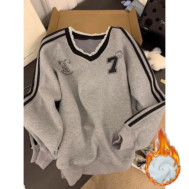 V领卫衣女秋冬加绒宽松蕾丝拼接设计感小众套头印花百搭潮牌上衣