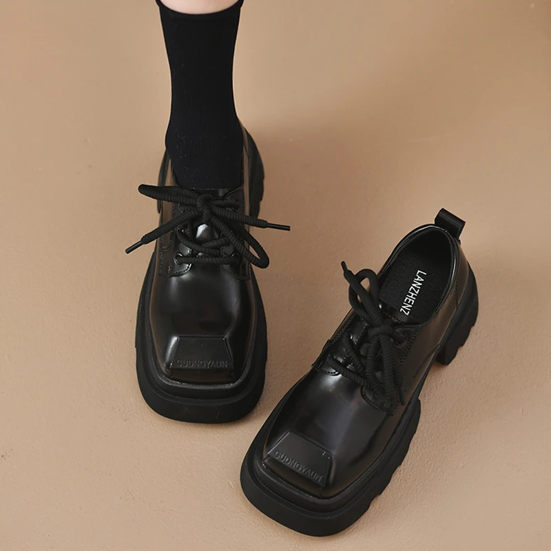 6.5cm小个子方头乐福鞋女款爆款2025新款小皮鞋百搭厚底单鞋女