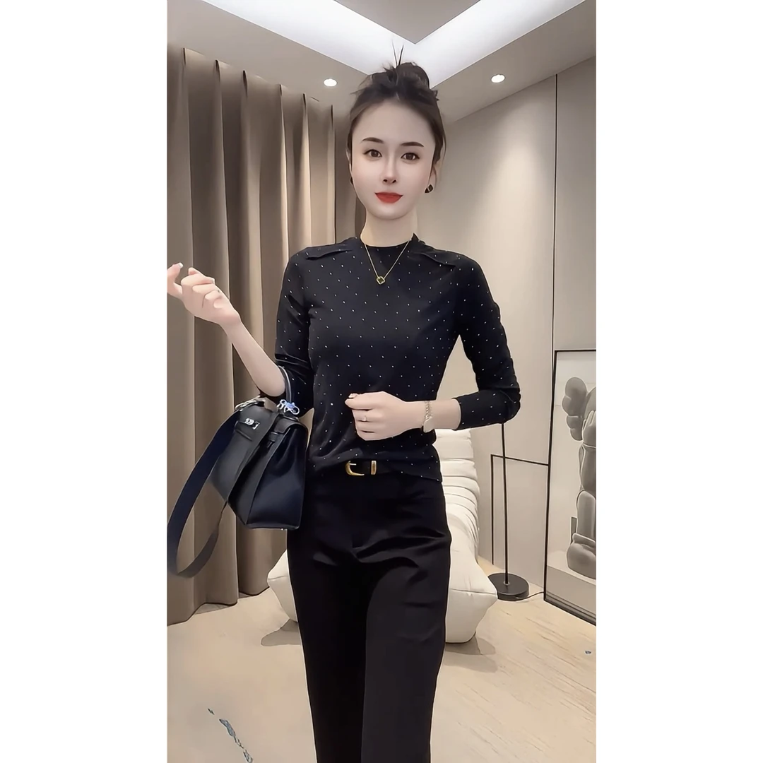 2024秋季新款洋气立领烫钻长袖打底衫女气质修身百搭纯色上衣
