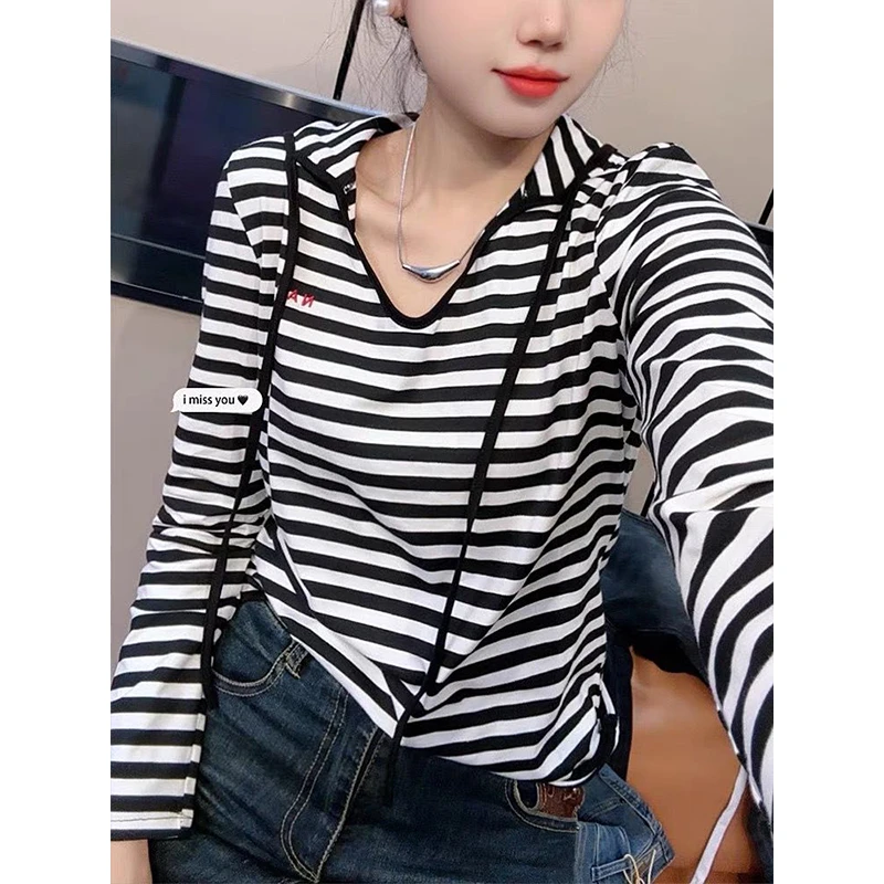 韩版时尚洋气条纹撞色休闲百搭绑带长袖T恤女春秋新款修身短上衣