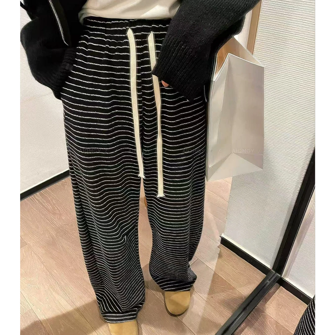 加绒条纹直筒阔腿休闲裤女冬季韩系宽松慵懒风垂感拖地裤子WJJ