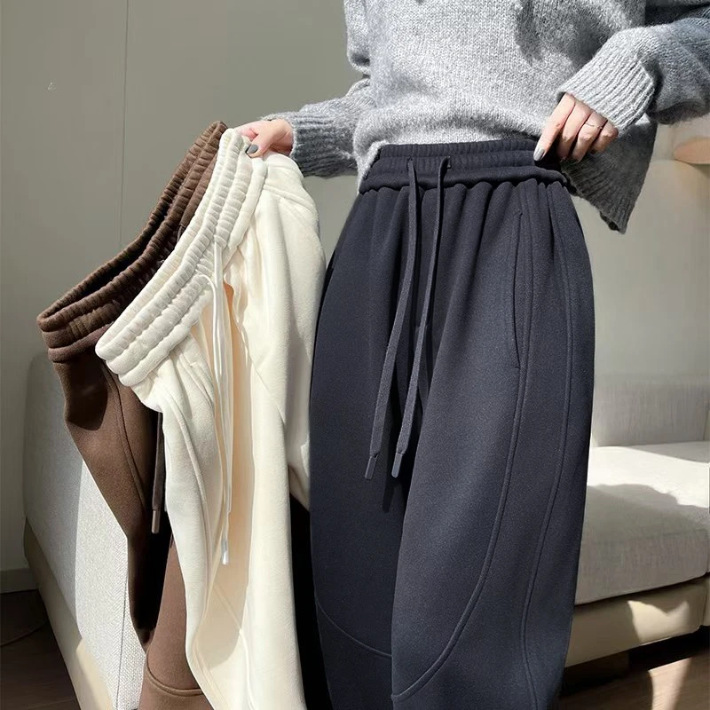 咖色束脚运动裤女秋冬季加绒卫裤高腰显瘦宽松小个子防风加厚外穿