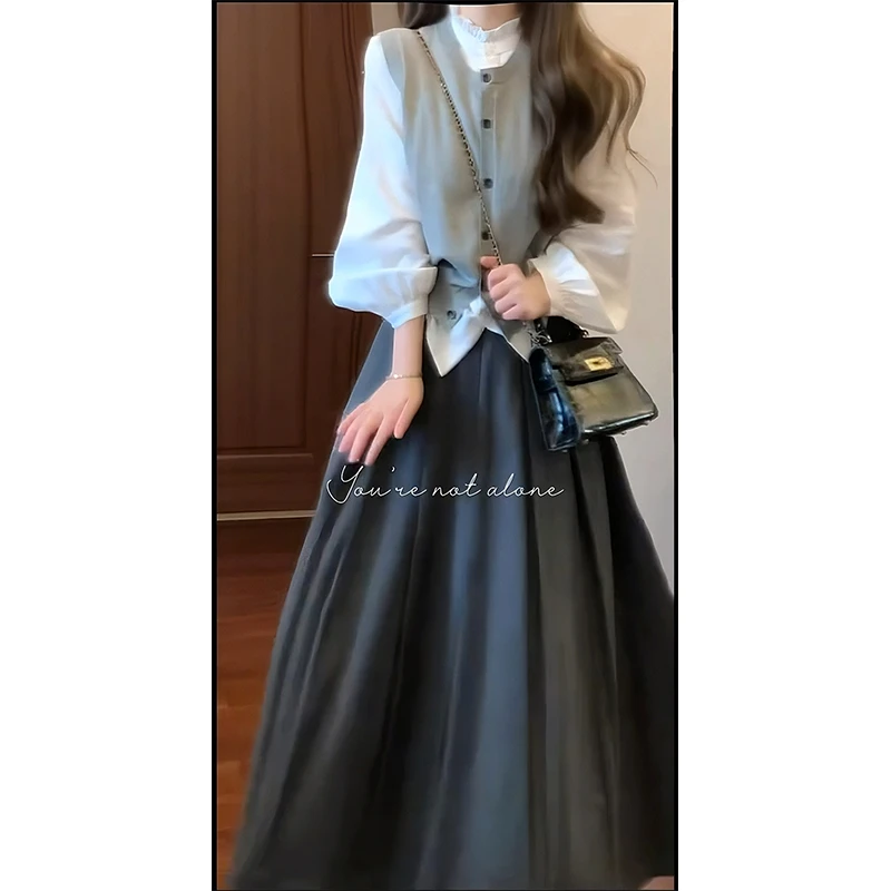 学院风秋季搭配一整套2024新款韩系高级感衬衫马甲半身裙三件套装