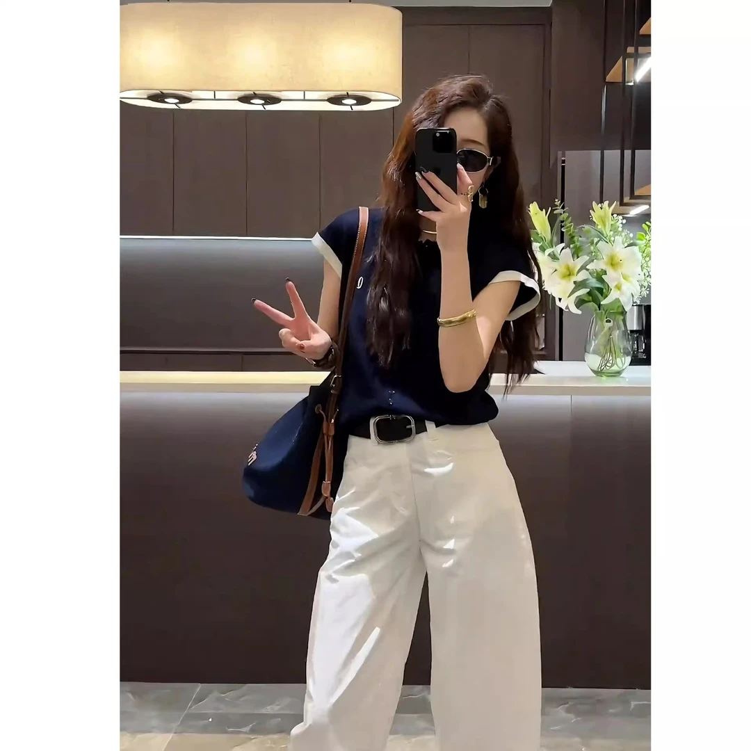 高级感小洋装两件套时尚polo领短袖上衣阔腿休闲裤网红炸街套装