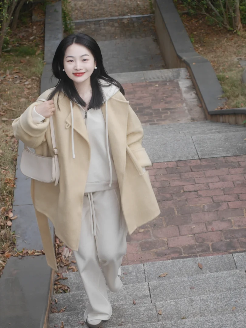 2024秋冬搭配一整套女韩系毛呢外套搭配连帽卫衣休闲裤三件套装女