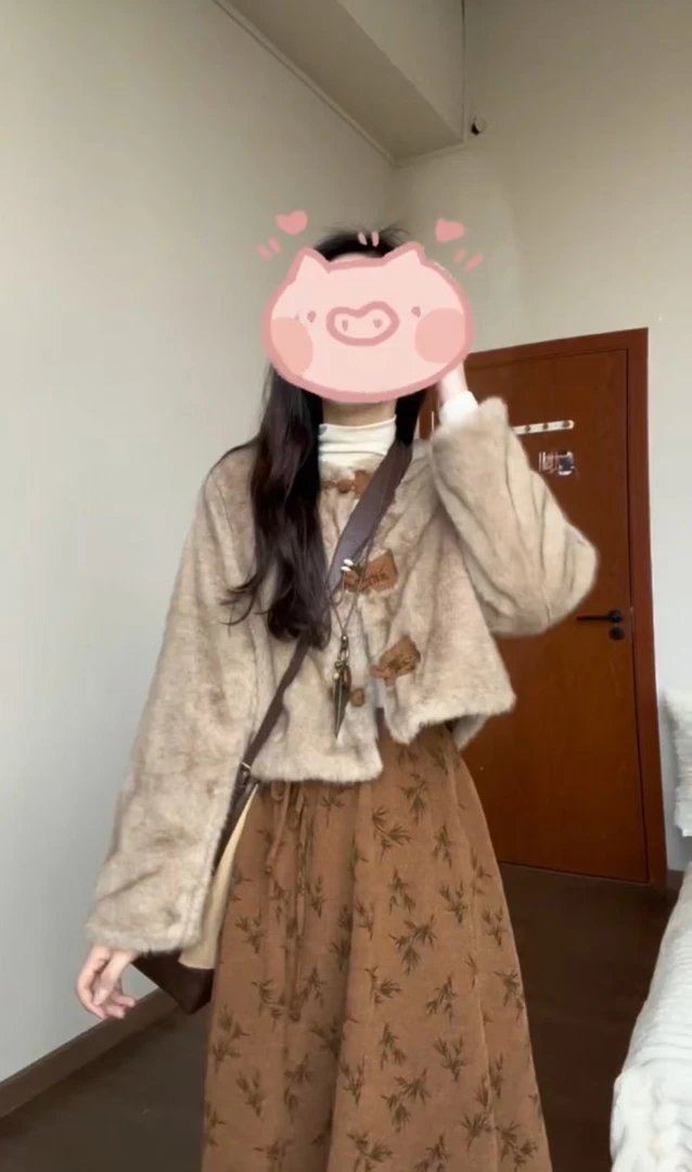 超好看毛毛外套碎花套装裙女2024秋冬ootd流行轻熟风加厚两件套潮