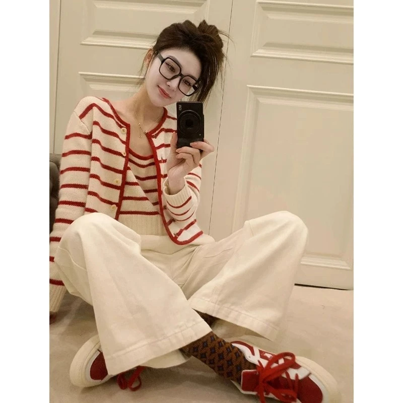 秋装搭配一整套大码胖mm条纹针织衫阔腿裤温柔减龄时尚三件套装女