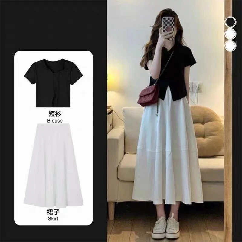 2024夏季新款白色半身裙一整套微胖盐系高级感连衣裙子两件套装潮