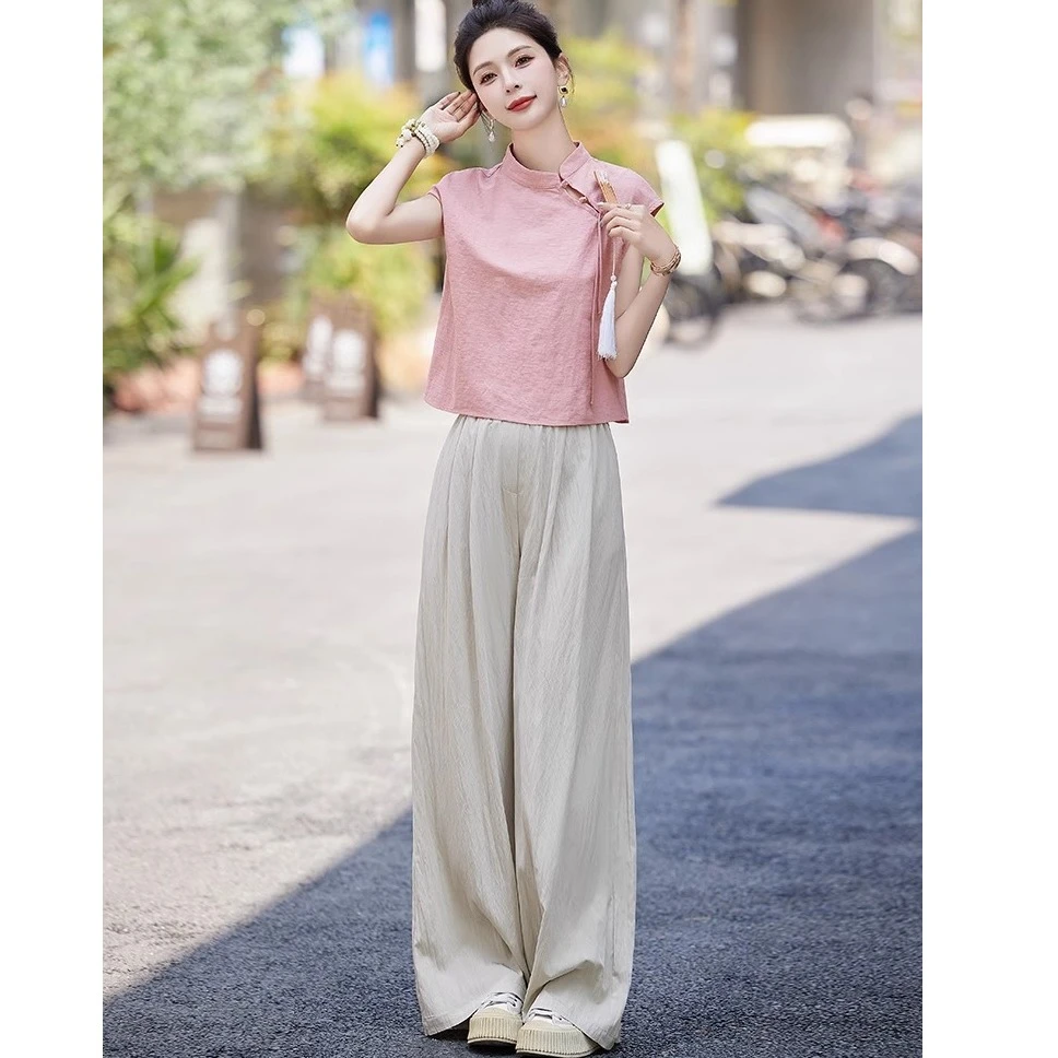 新中式国风立领无袖复古上衣夏季大码休闲阔腿长裤气质两件套9728