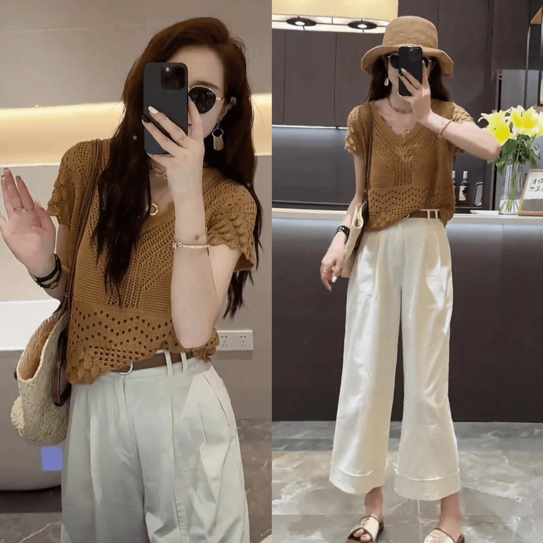 夏季穿搭一整套女设计感镂空短袖针织上衣套装休闲九分裤两件套