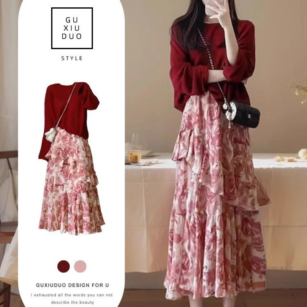 秋季一整套搭配韩系微胖MM小香风红色毛独特洋印花气半身裙两件套