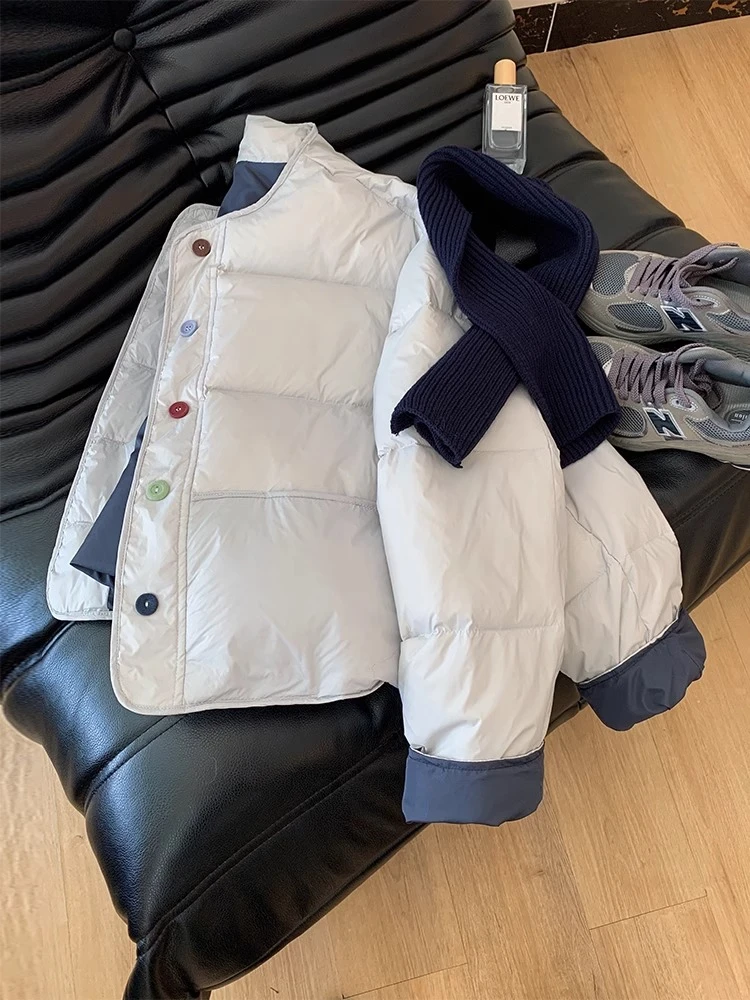 韩系温柔奶蓝色棉服女秋冬季百搭宽松小个子撞色圆领短款棉衣外套