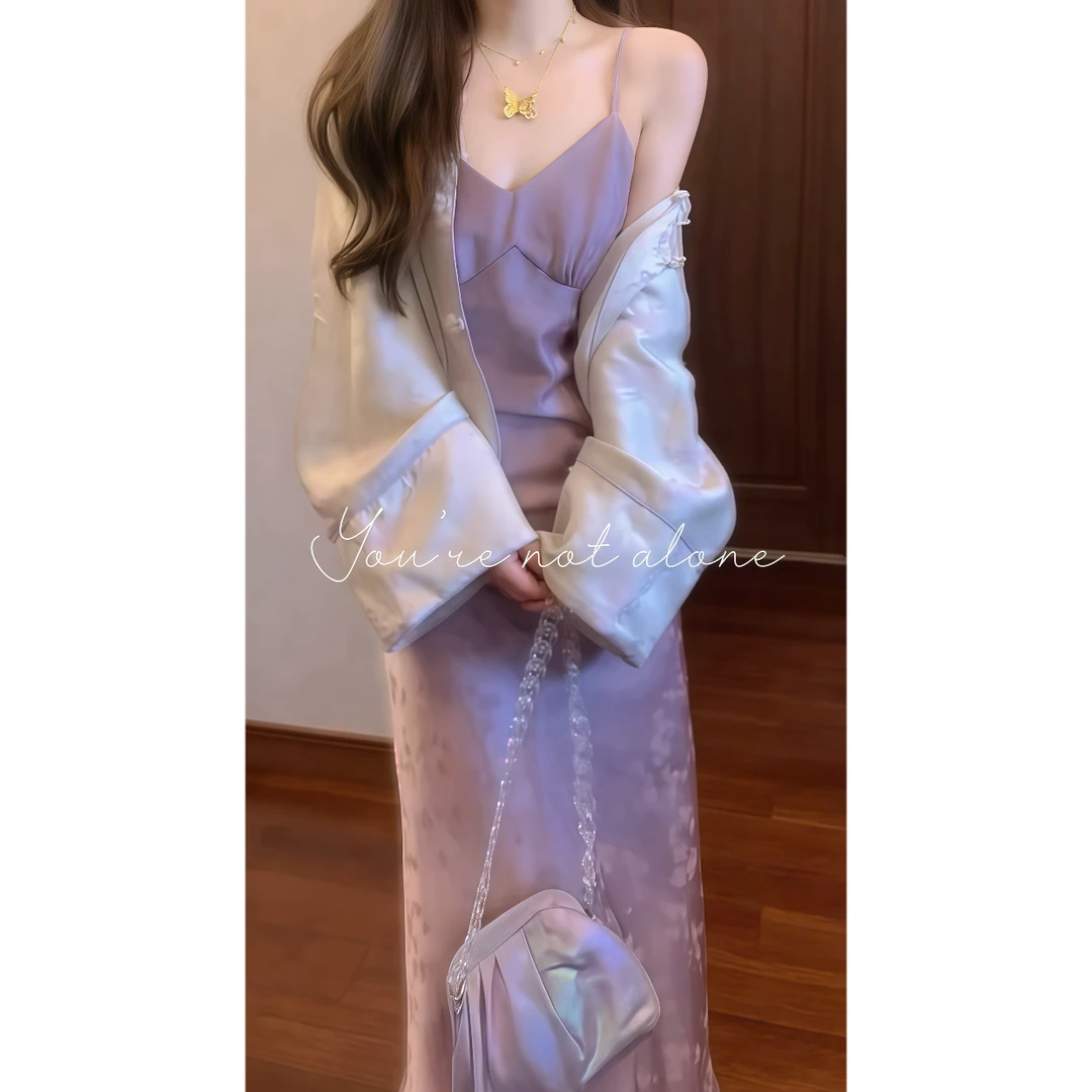 2025早秋新中式外套女超好看复古盘扣新国风上衣女紫色吊带裙套装