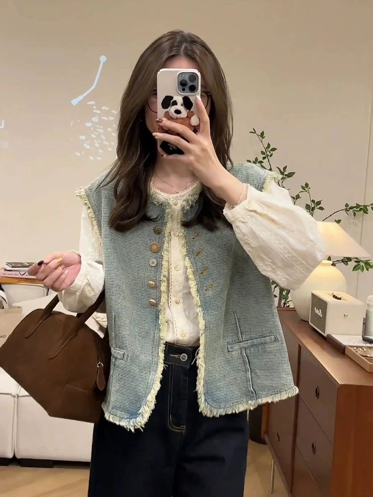 春季一整套女雅丹风流苏牛仔马甲提花衬衫搭配牛仔裤显瘦三件套女