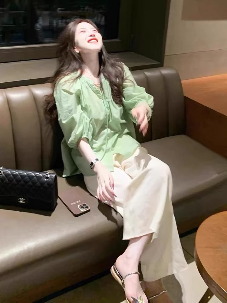 2025夏季新款宽松慵懒风高级感泡泡七分袖上衣洋气减龄休闲裤子女