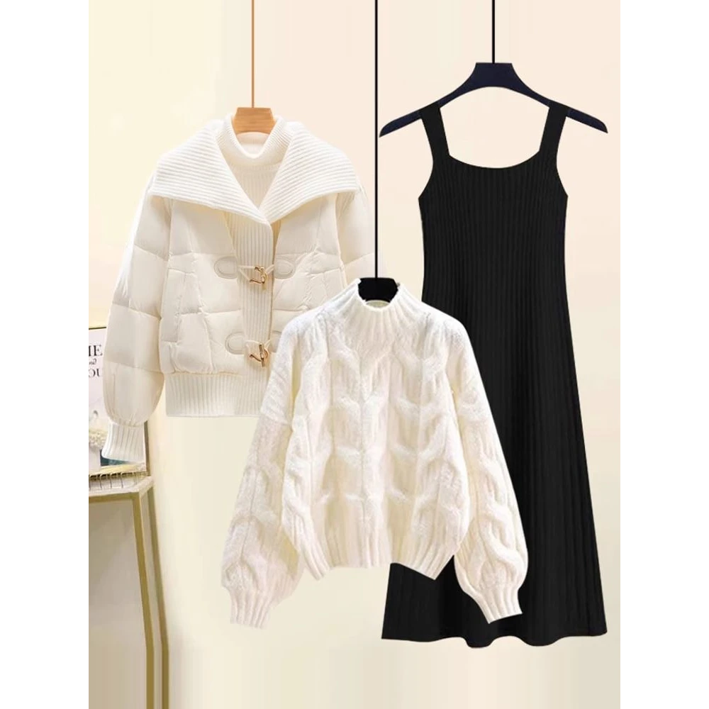 2024新款冬季套装裙大翻领棉服慵懒风毛衣连衣裙时尚大码三件套女