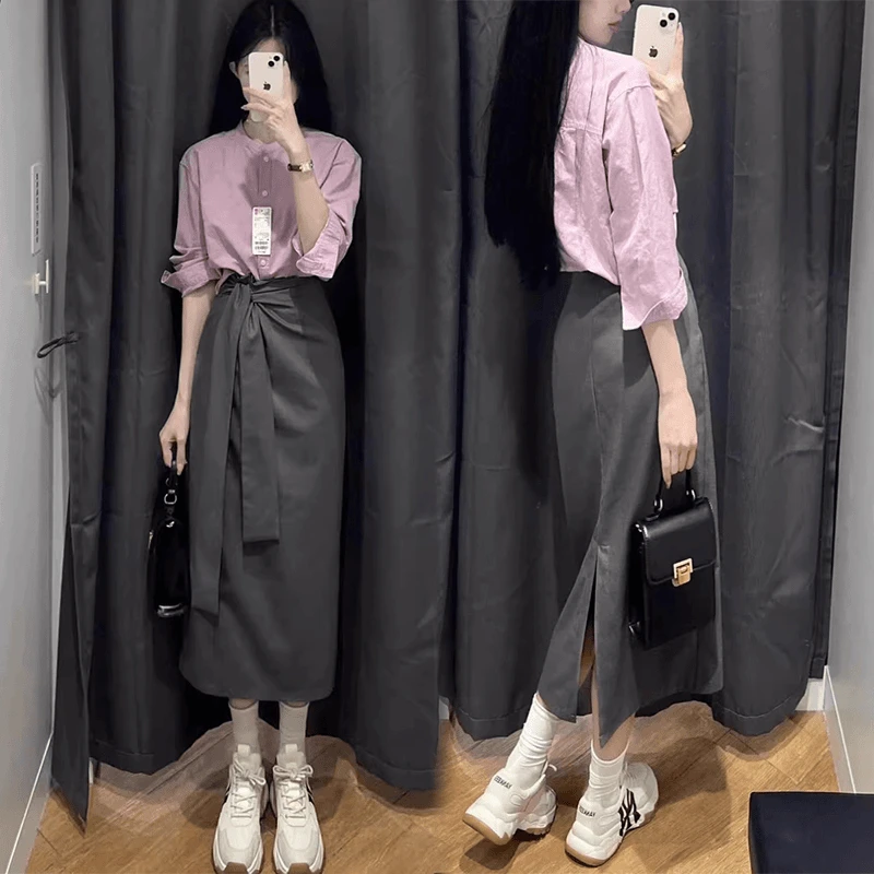 高端气质干练轻熟风紫色衬衫高腰半身裙子两件套早秋穿搭一整套女