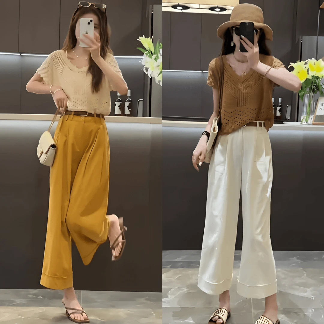 2024夏季新款时尚气质套装女百搭镂空针织上衣阔腿休闲裤两件套潮