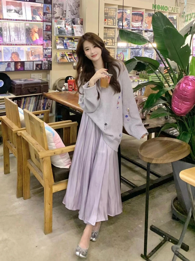 入秋穿搭一整套温柔气质紫色针织衫流光仙女气质半身裙长裙两件套