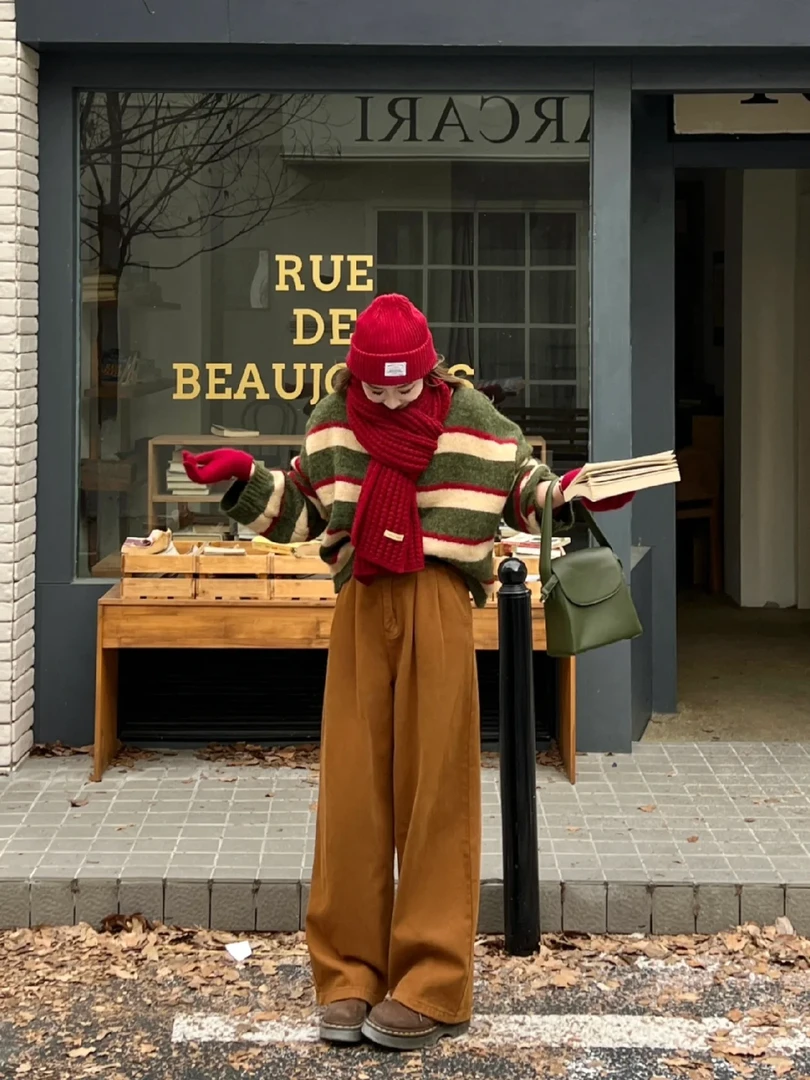 2025秋冬韩系撞色圆领短款条纹针织毛衣女搭配休闲裤保暖两件套潮