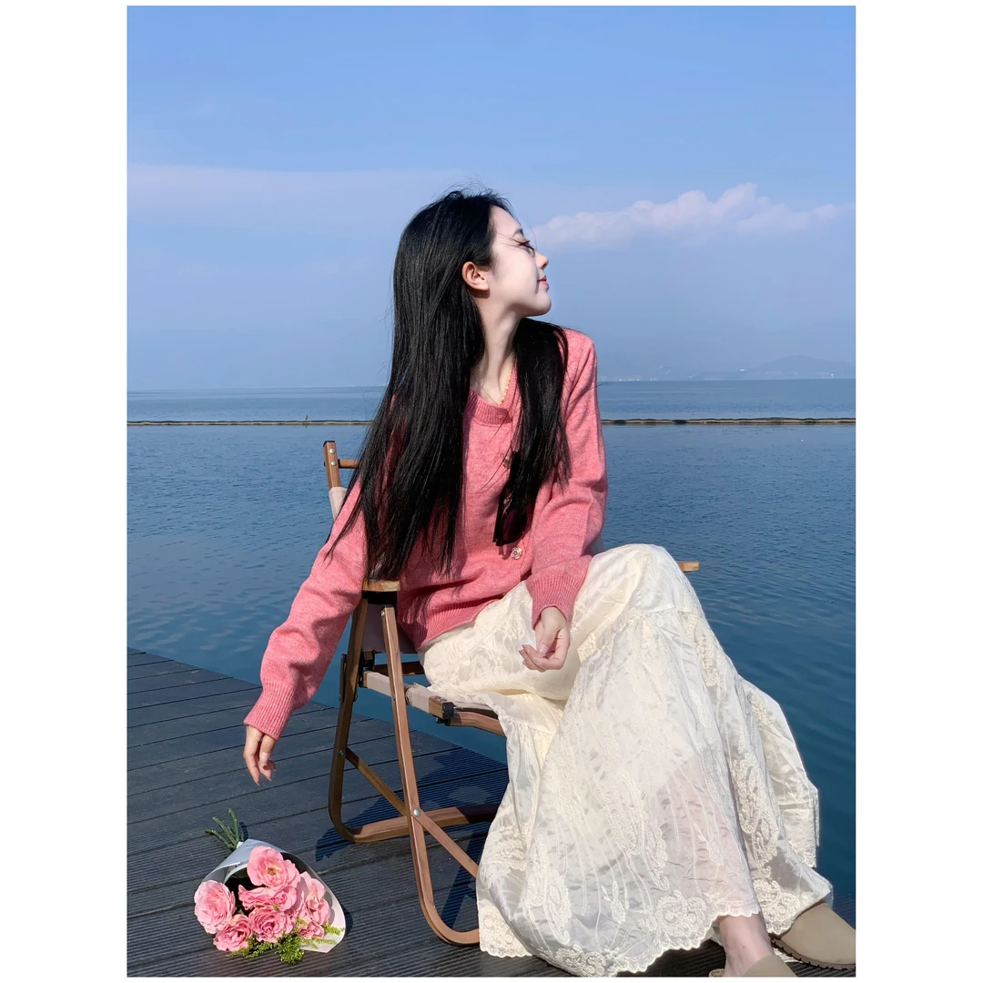 2025春秋新款温柔风穿搭粉色开衫针织上衣蕾丝半身裙气质两件套女