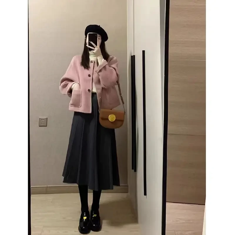 大码2024秋冬装减龄遮肉时尚小香风外套百褶半身裙洋气韩剧穿搭