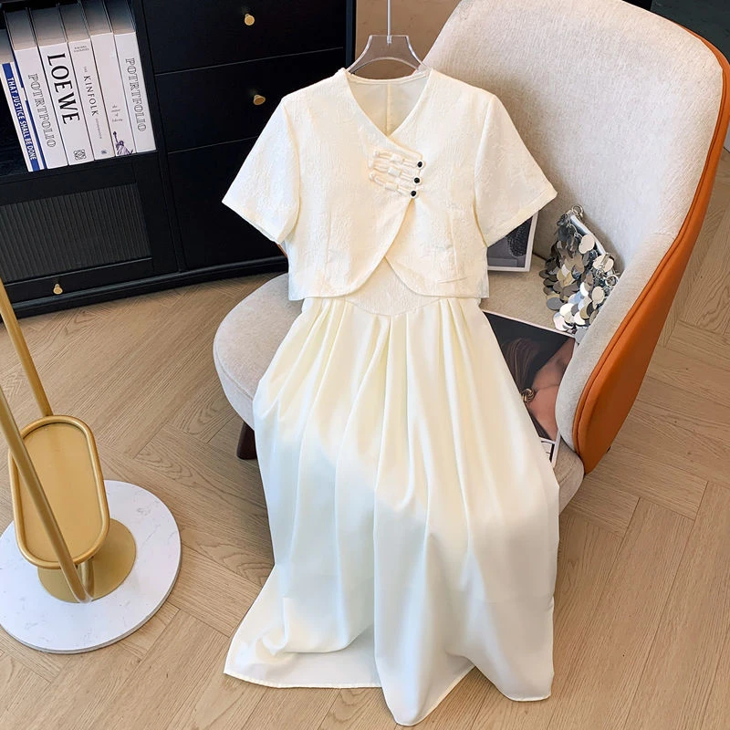 2024夏季新中式国风优雅盘扣设计感短袖衬衫吊带连衣裙两件套装女