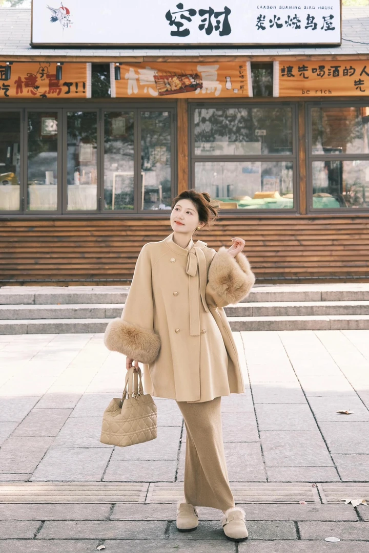 初冬搭配一整套小香风卡其高级感双排扣毛呢外套气质半身裙两件套
