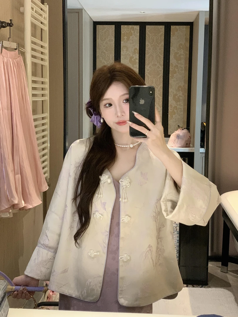 2025早秋新中式外套女超好看复古盘扣新国风上衣女紫色吊带裙套装