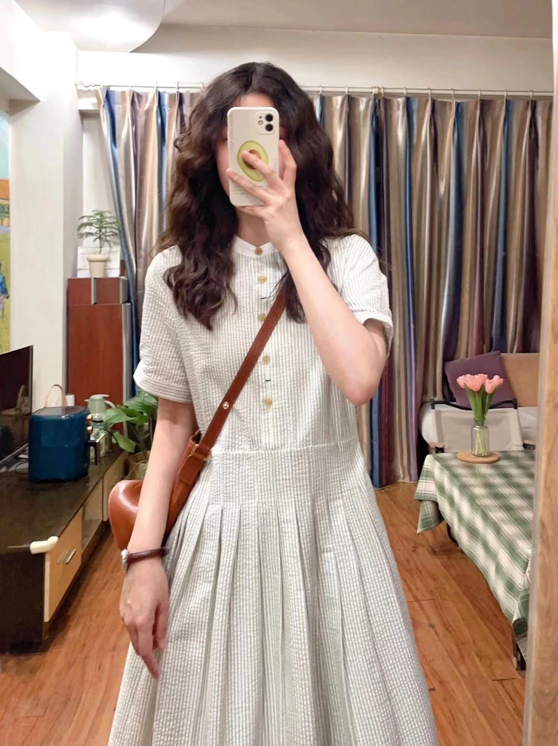 法式高级感条纹短袖连衣裙女夏季小个子收腰显瘦褶皱中长款a字裙