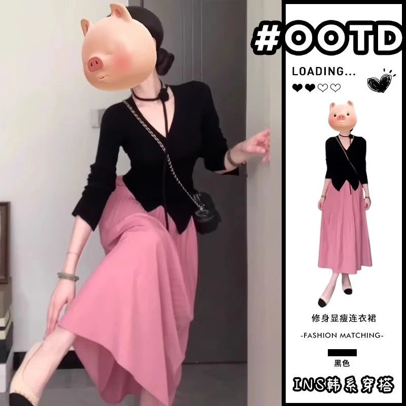 韩系小个子一整套穿搭女装秋季微胖时尚黑色针织上衣半身裙两件套