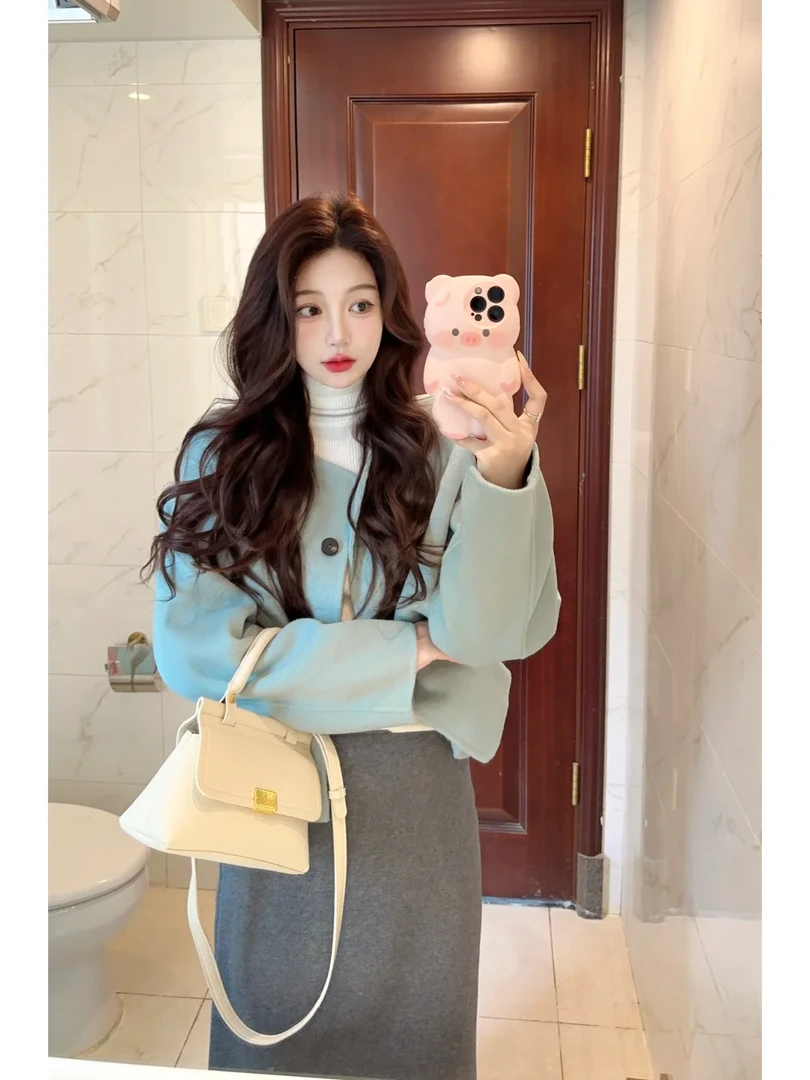 2024秋冬新款高级感小个子毛呢外套女针织流苏半身裙气质两件套女